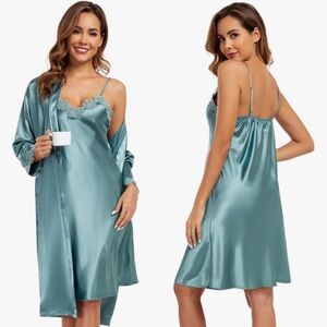 ~2 Piece Satin Sleepwear Set Mint Green Kimono Robe & Nightgown w/Lace Trim~